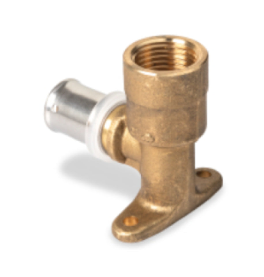 Coude avec base de fixation long, multicouche à sertir, laiton, Ø16, 16x2,0-1/2