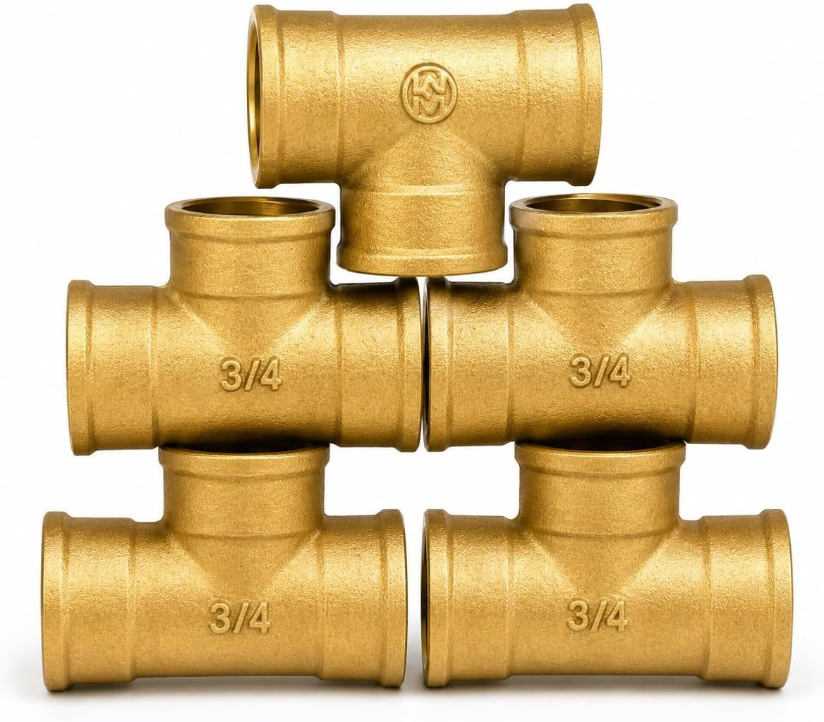 Lot de 5 - Raccords en T à Visser en Laiton Massif 3/4" (20x27), 3 Voies Femelles (FFF)