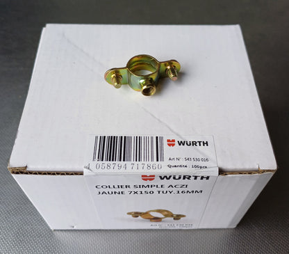 100 Colliers simples acier bichromaté, parfait pour la fixation de tubes en cuivre, 7 * 150 TUY 16MM, Wurth, Galvanisé jaune