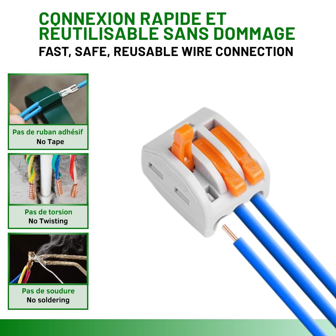 Connecteur de câble 3 entrées, boite de 50 pièces, Borne pour boîte de dérivation borne à 3 conducteurs avec leviers de manipulation