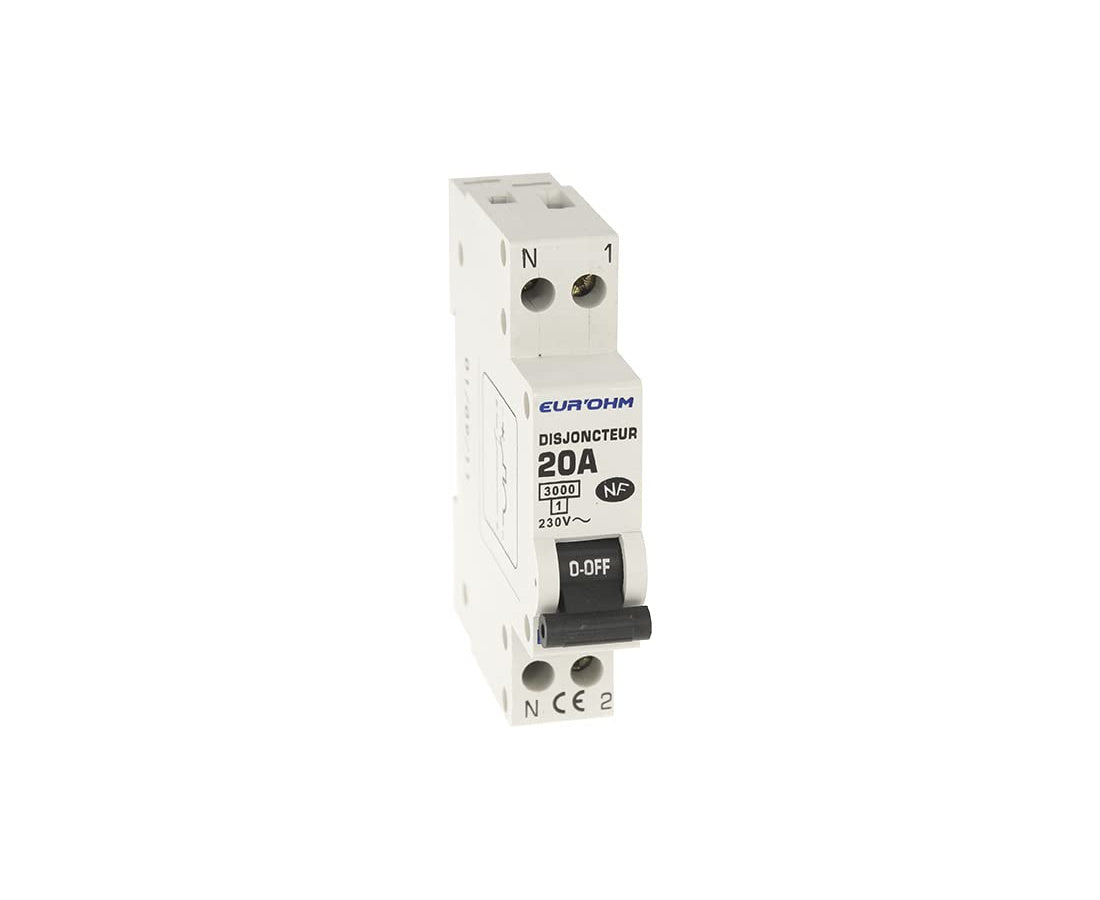 Disjoncteur 1P+N 20A NF, cx vis haut/bas 3kA D curve EUR'OHM 20021