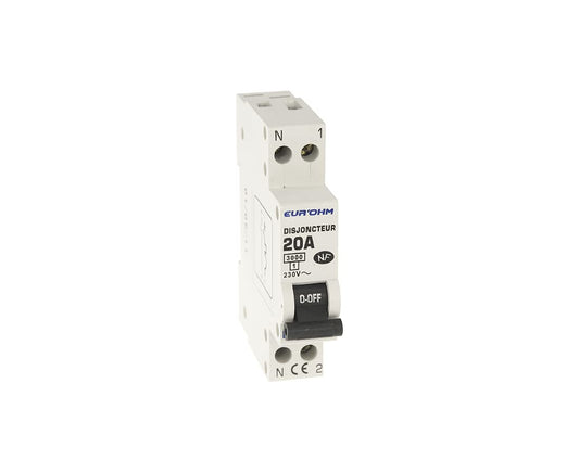 Disjoncteur 1P+N 20A NF, cx vis haut/bas 3kA D curve EUR'OHM 20021