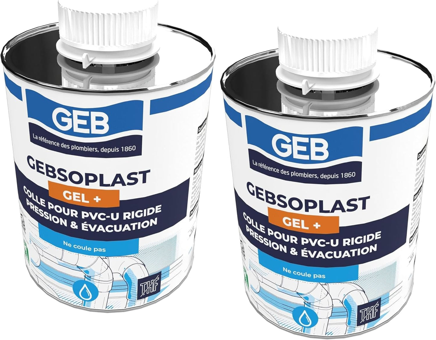 Colle pour raccord en pvc rigide - geb gebsoplast gel plus - flacon de 1 litre avec pinceau - Lot de 2
