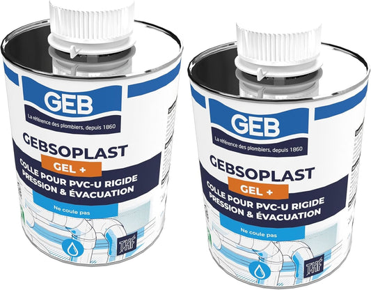 Colle pour raccord en pvc rigide - geb gebsoplast gel plus - flacon de 1 litre avec pinceau - Lot de 2