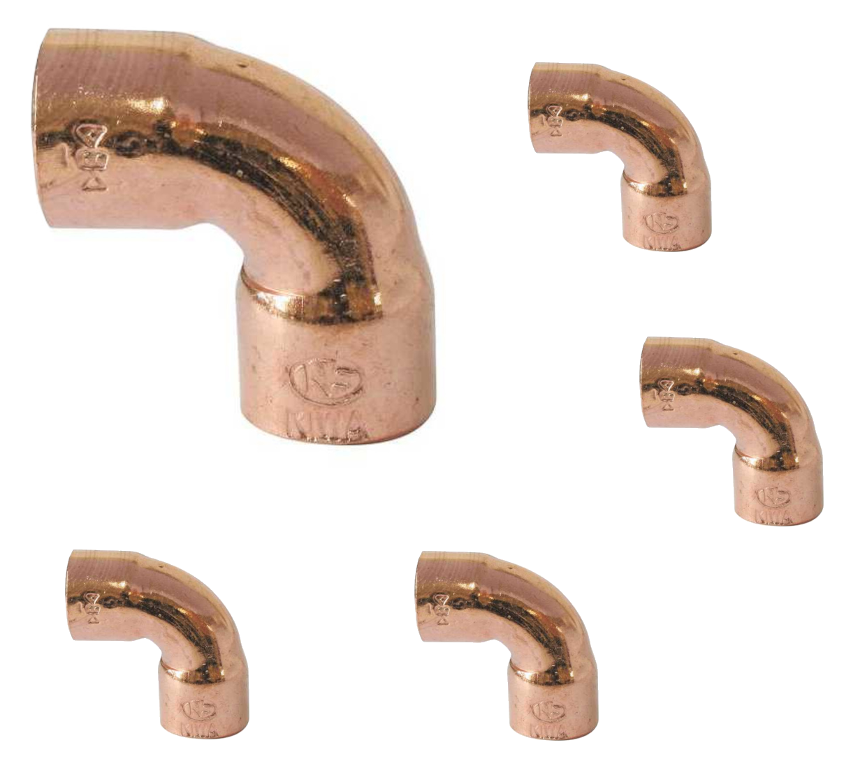 Lot de 5 Coudes en cuivre 90° Femelle/Femelle, petit rayon - Diam 32 mm - 90 CU