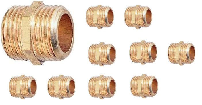 Lot de 10 mamelons, Raccords de Tuyau en Laiton Brut à visser, Mamelon Égal Mâle/Mâle 1/2" Ø 15x21, D1712