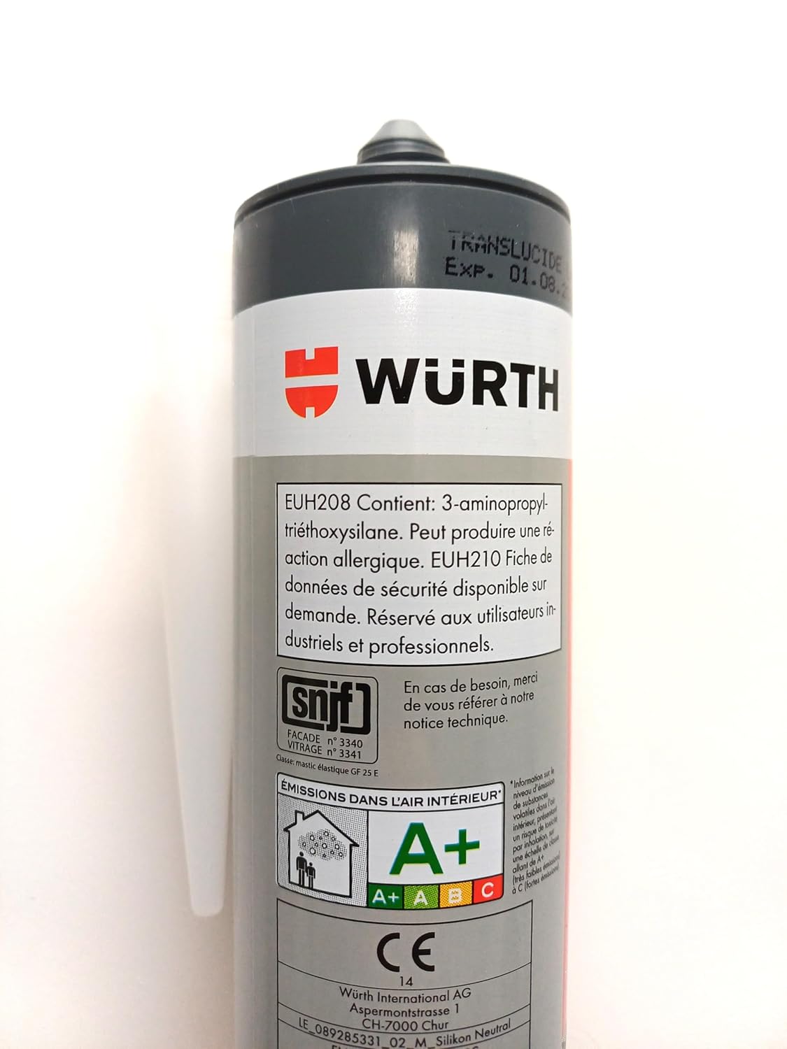 Lot de 2 Wurth A8 PRO Mastic Silicone Translucide/Transparent 310 ml