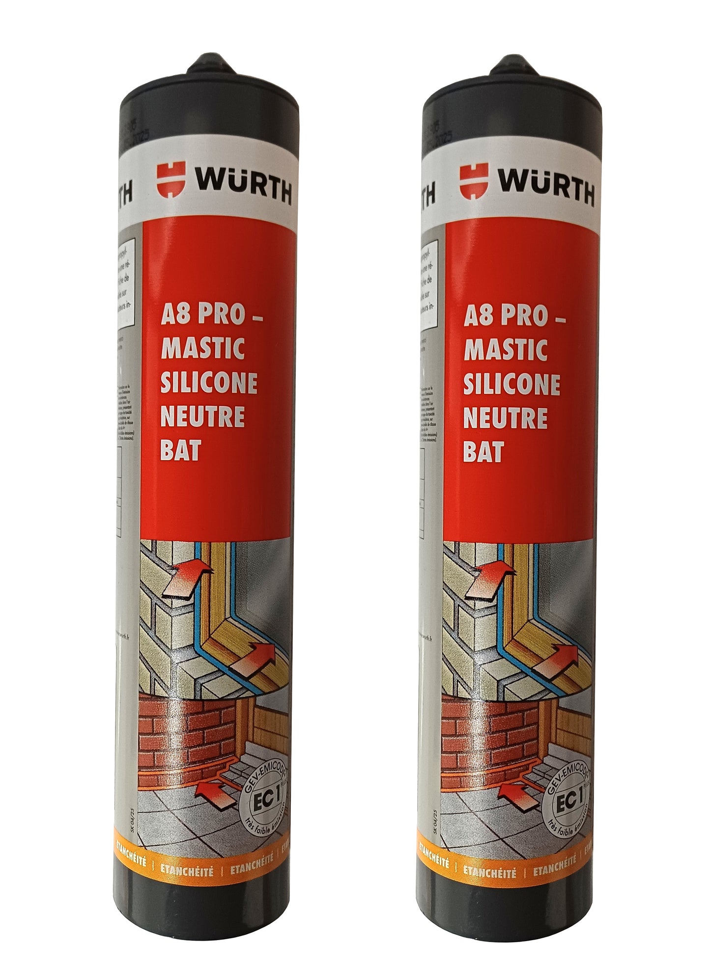 Lot de 2 Wurth A8 PRO Mastic Silicone Translucide/Transparent 310 ml