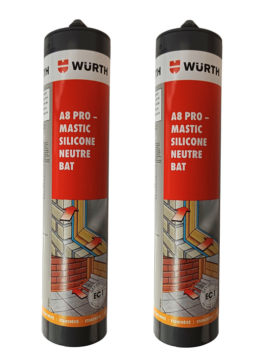 Lot de 2 Wurth A8 PRO Mastic Silicone Translucide/Transparent 310 ml