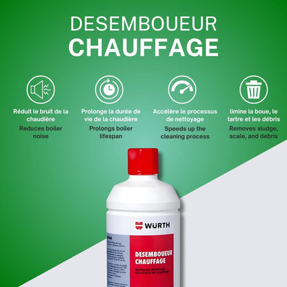 Désemboueur chauffage, liquide alcalin à usage curatif nettoyant, détartrant, anticorrsion, Wurth 1kg, pour désembouer les circuits de chauffage, Blanc/Jaune, pH 7-8, 20°C