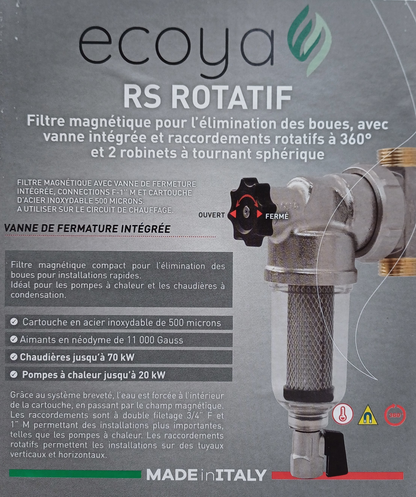 Filtre magnétique pour élimination des boues, vanne intégrée et raccordements rotatifs à 360°, 2 robinets à tournant sphérique