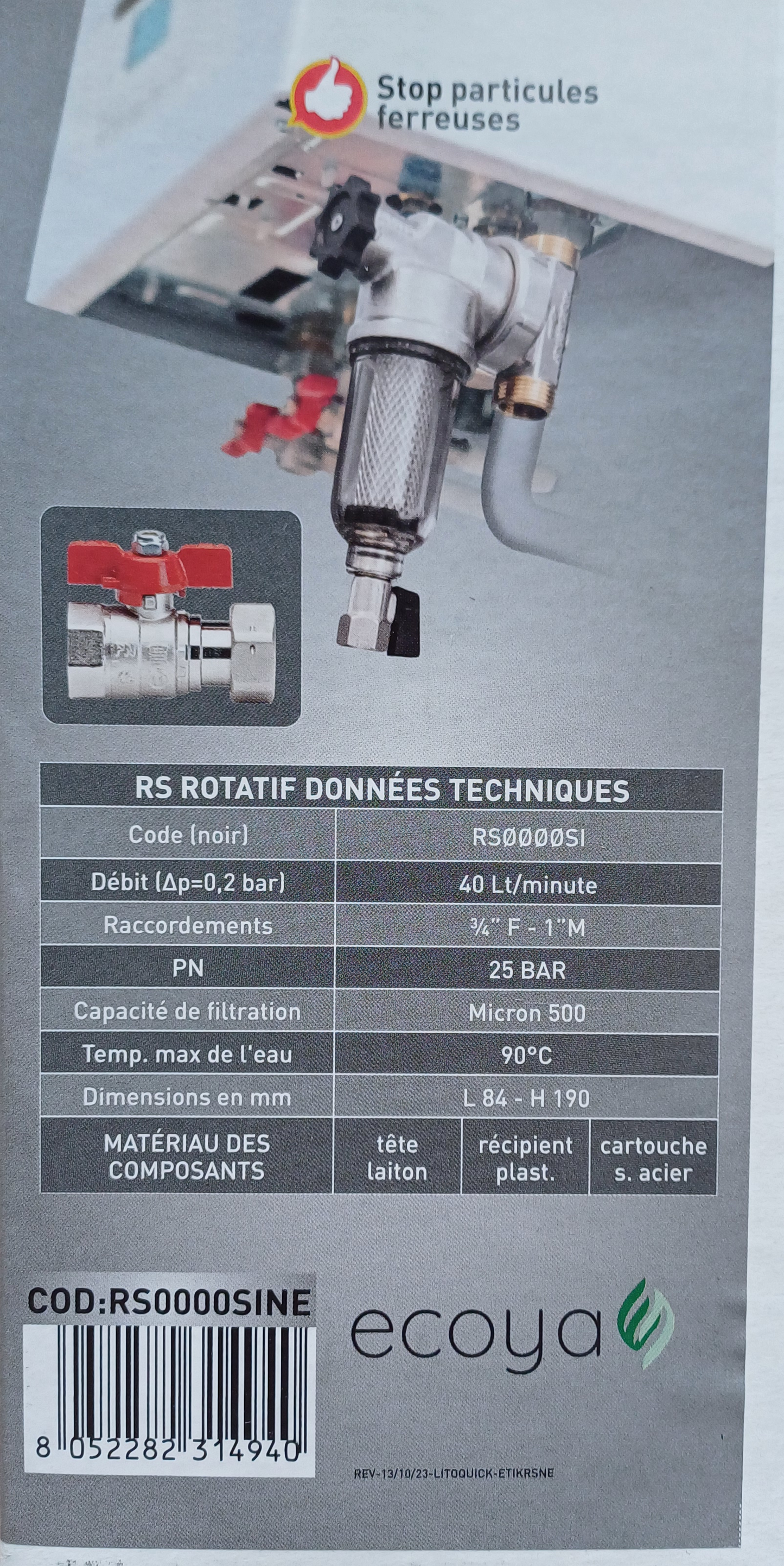 Filtre magnétique pour élimination des boues, vanne intégrée et raccordements rotatifs à 360°, 2 robinets à tournant sphérique