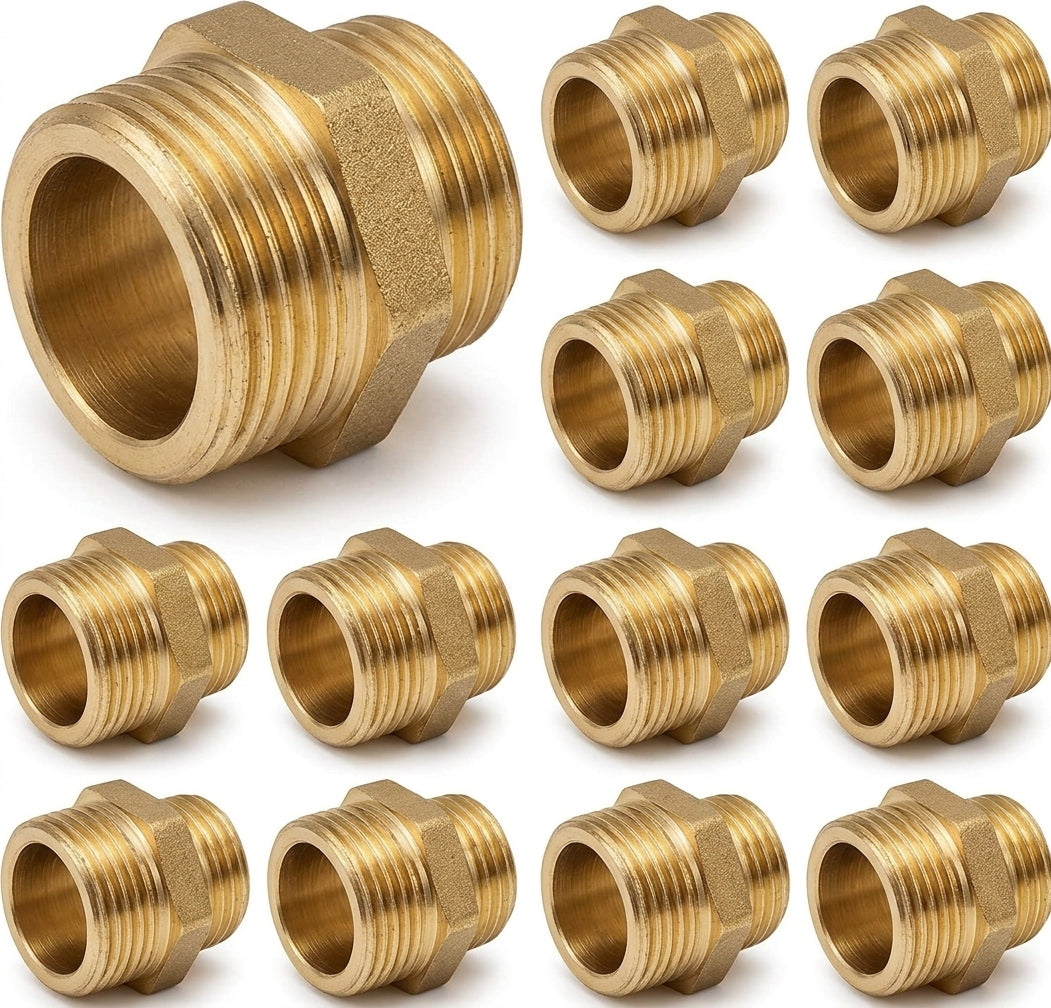 Pack of 10 Nipples, Double Male Reducer Threaded Fittings in Brass, 3/4 to 1/2 inch "8245"