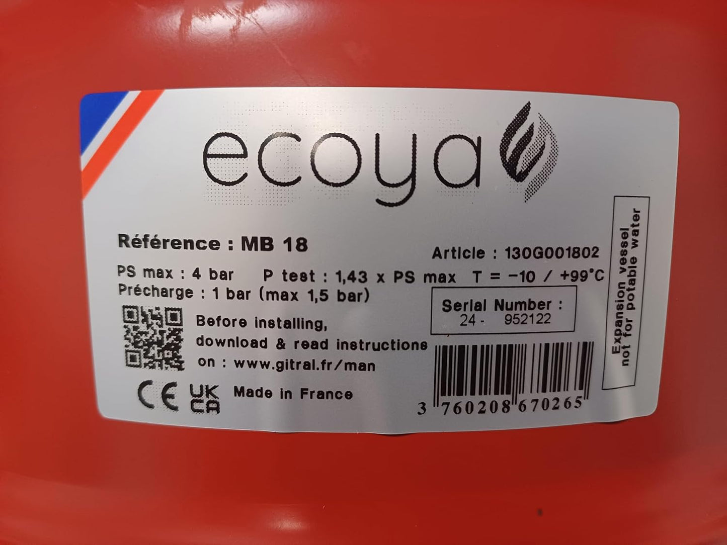 Vase d'expansion sanitaire 18L pour chauffe-eau, Watts